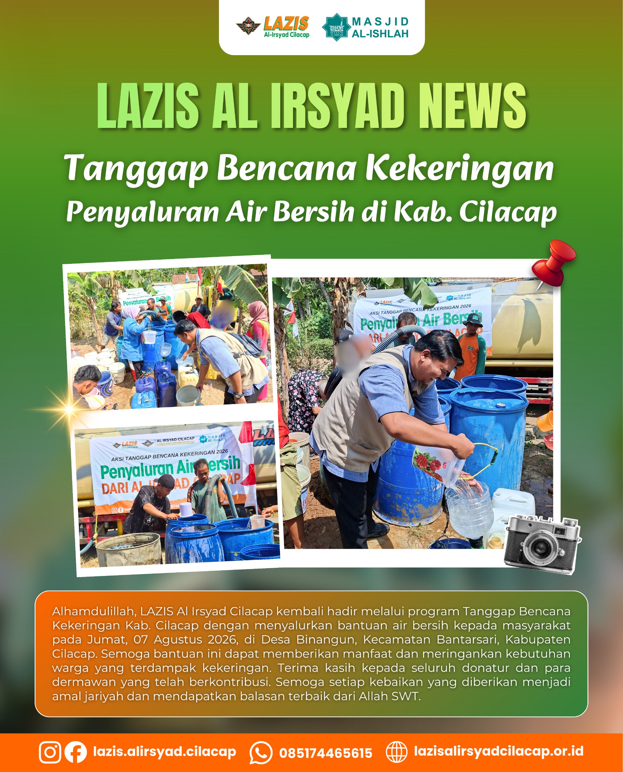 Tanggap Bencana Kekeringan, LAZIS Al-Irsyad Cilacap Salurkan Air Bersih untuk Warga Desa Binangun