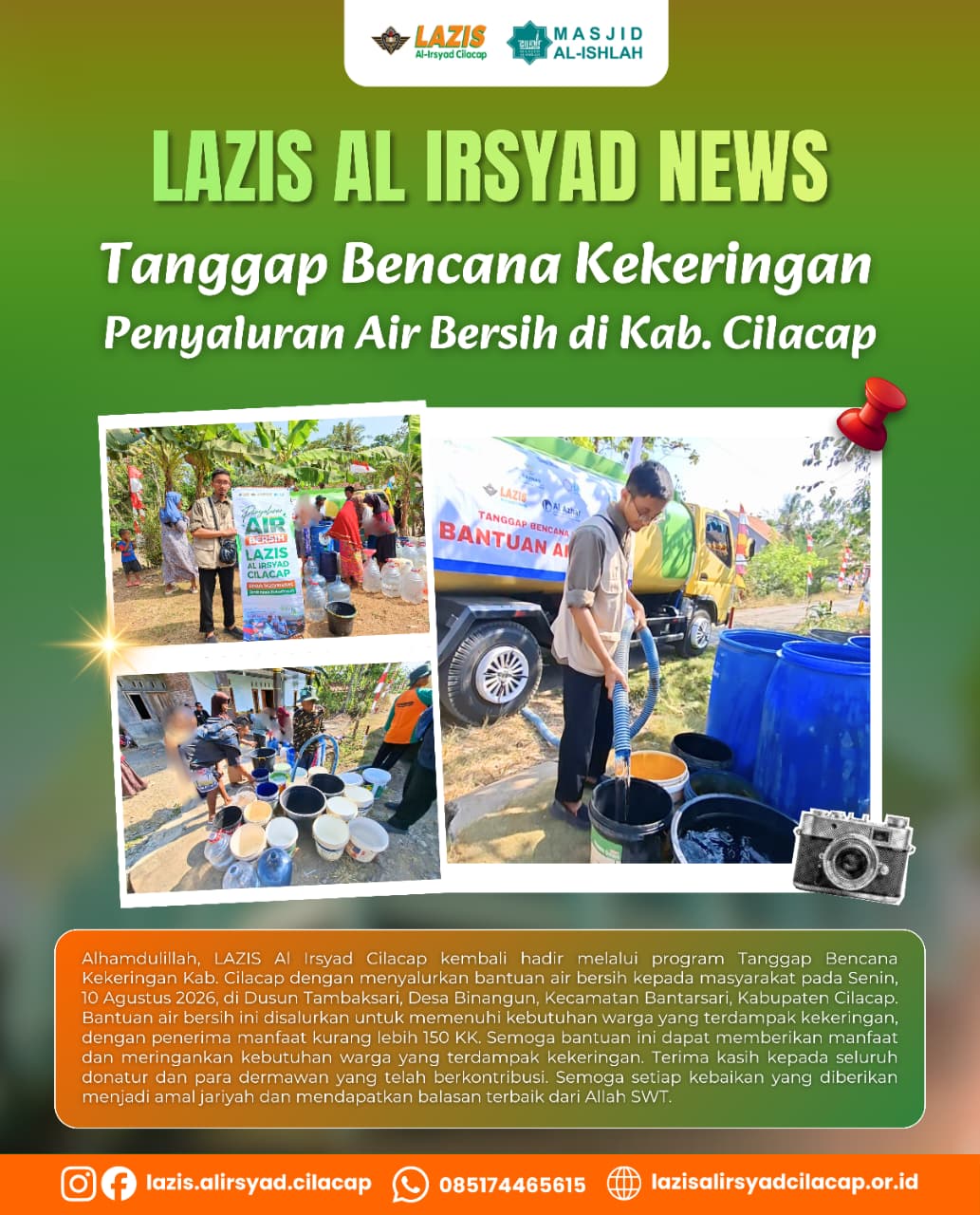 LAZIS Al-Irsyad Cilacap Salurkan Bantuan Air Bersih untuk 150 KK Terdampak Kekeringan di Bantarsari